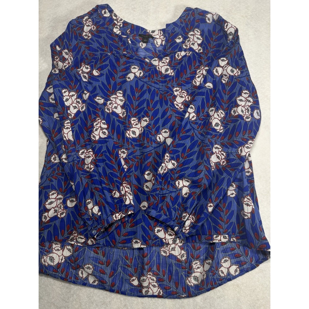 Ann Taylor Factory Blue‎ Floral Cotton Blouse Women's Large Long Sleeve Top